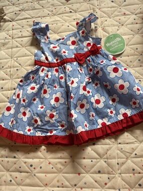 Nannette Blue & White Striped Floral Baby Dress with Red Accents
